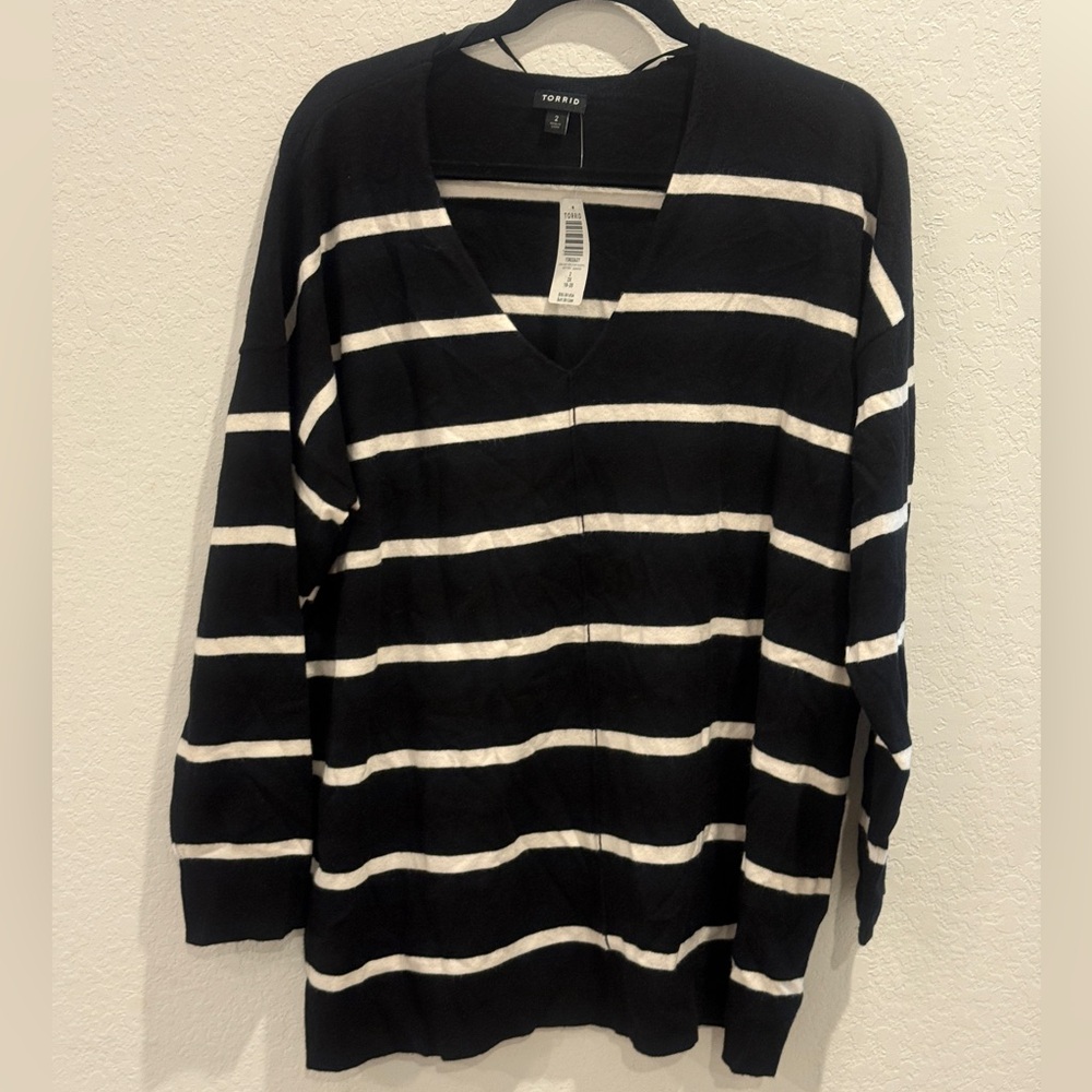 Torrid Black and White Striped V-Neck Sweater